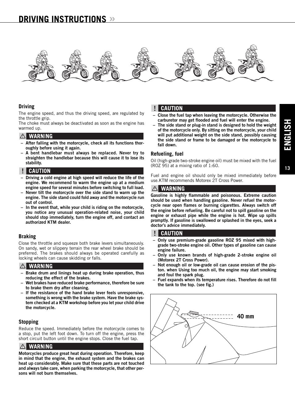 English, Driving instructions, 40 mm | KTM 50 SX JUNIOR User Manual | Page 14 / 42