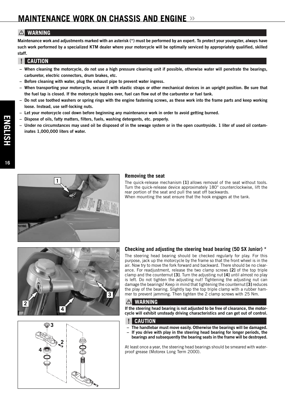 English, Maintenance work on chassis and engine | KTM 50 SX JUNIOR User Manual | Page 17 / 42