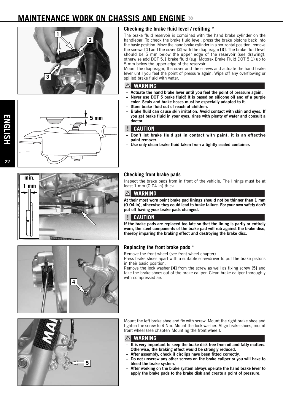 English, Maintenance work on chassis and engine, 5 mm min. 1 mm | KTM 50 SX JUNIOR User Manual | Page 23 / 42
