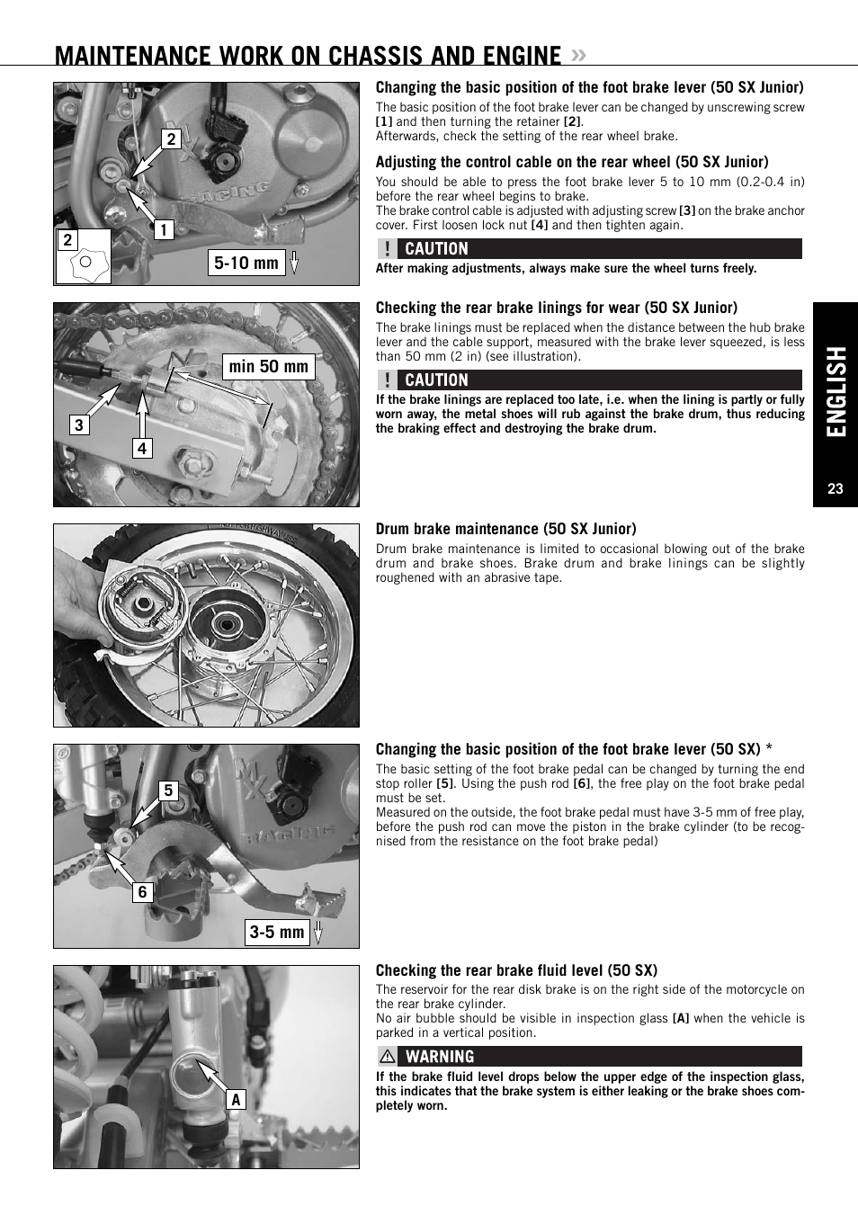 English, Maintenance work on chassis and engine | KTM 50 SX JUNIOR User Manual | Page 24 / 42