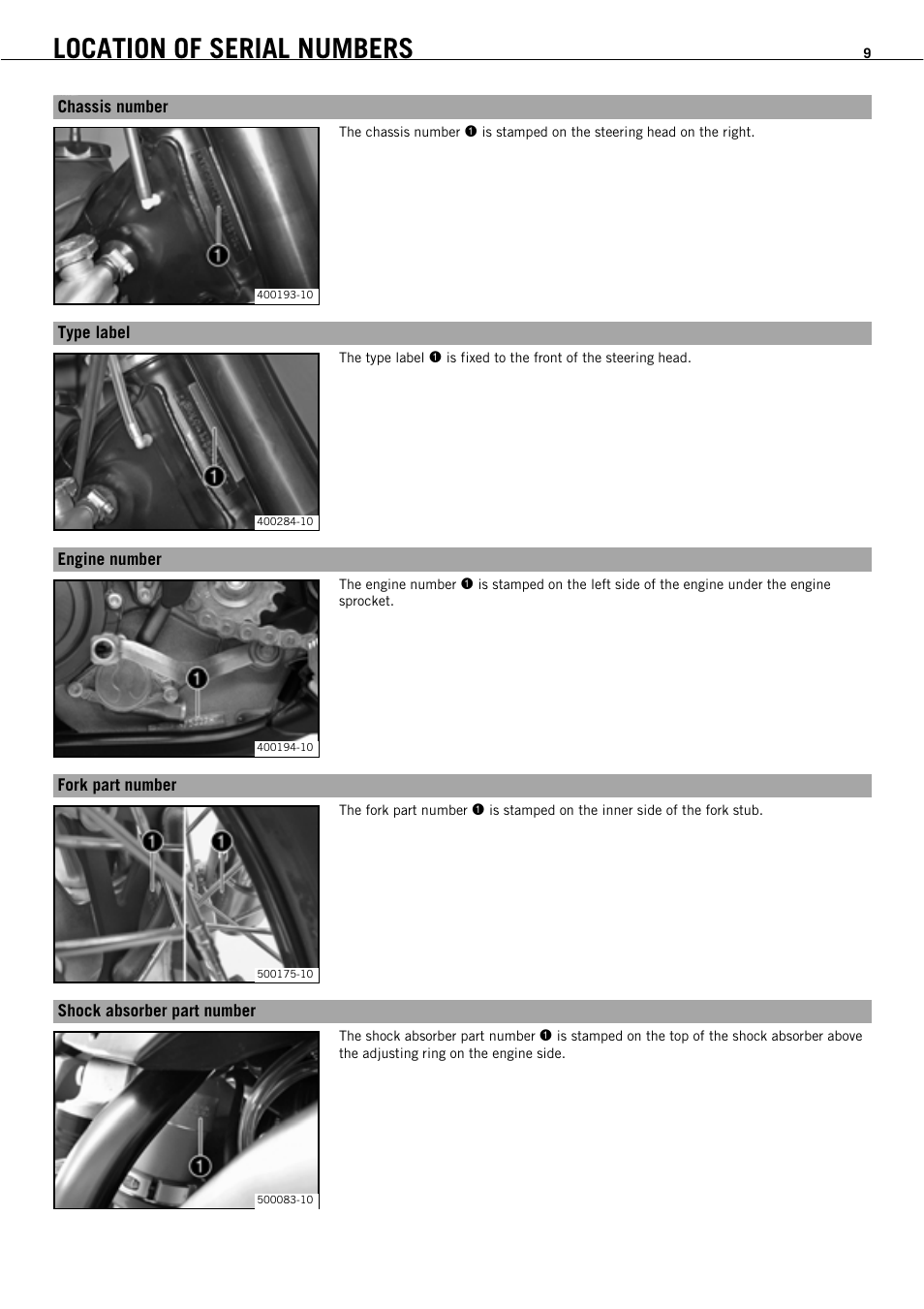 Location of serial numbers | KTM 450 SMR User Manual | Page 11 / 91