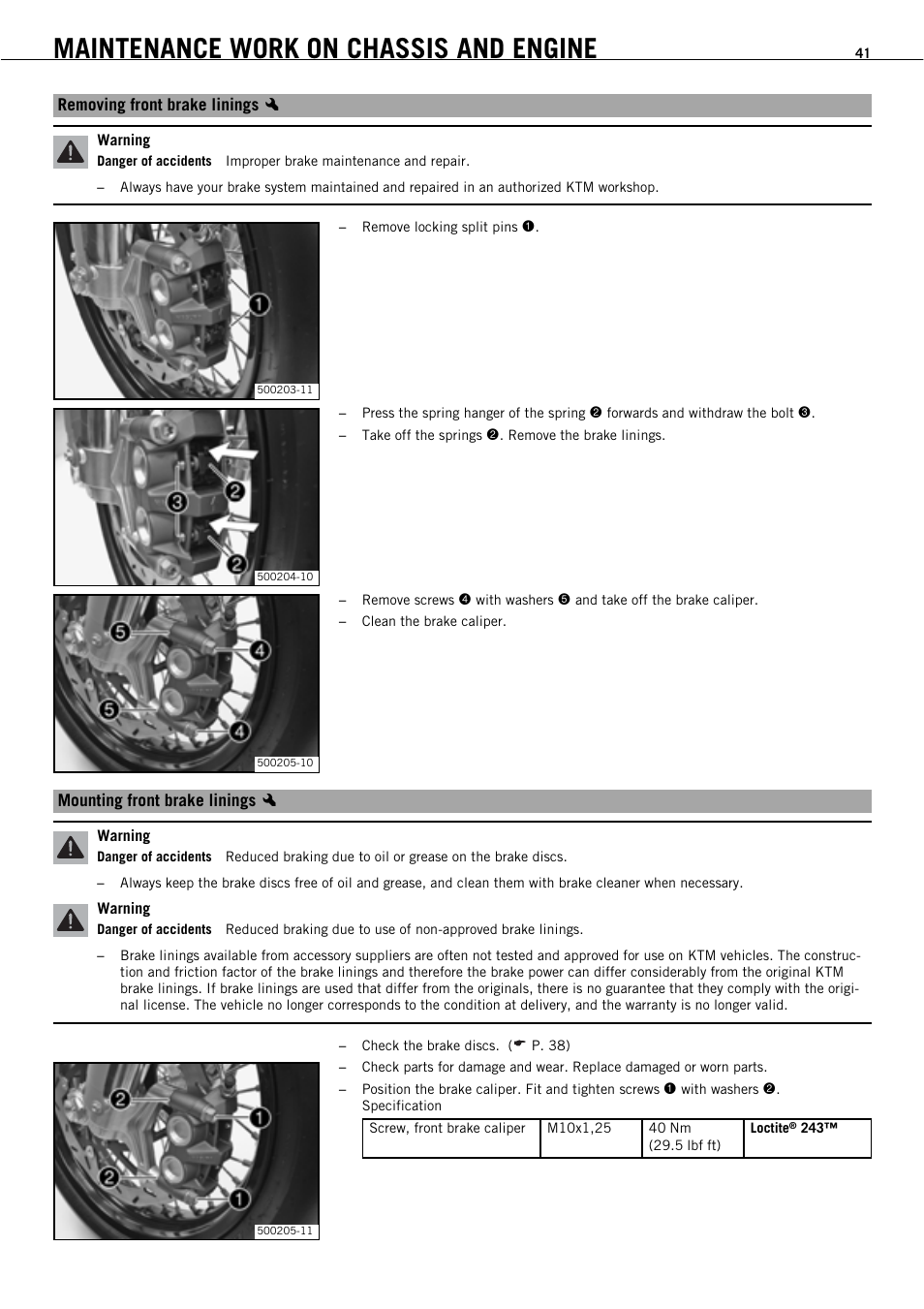 Maintenance work on chassis and engine | KTM 450 SMR User Manual | Page 43 / 91