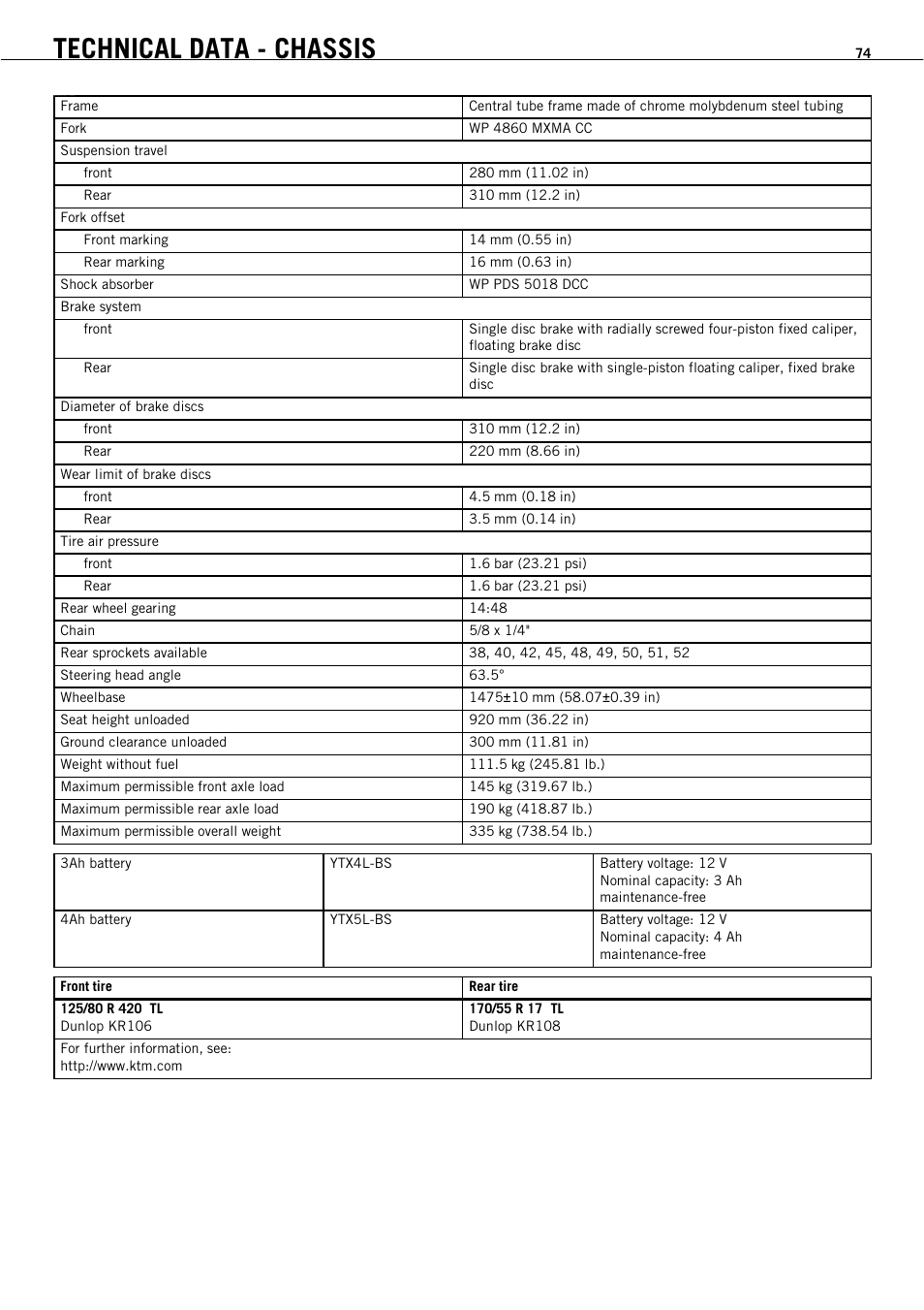 Technical data - chassis | KTM 450 SMR User Manual | Page 76 / 91
