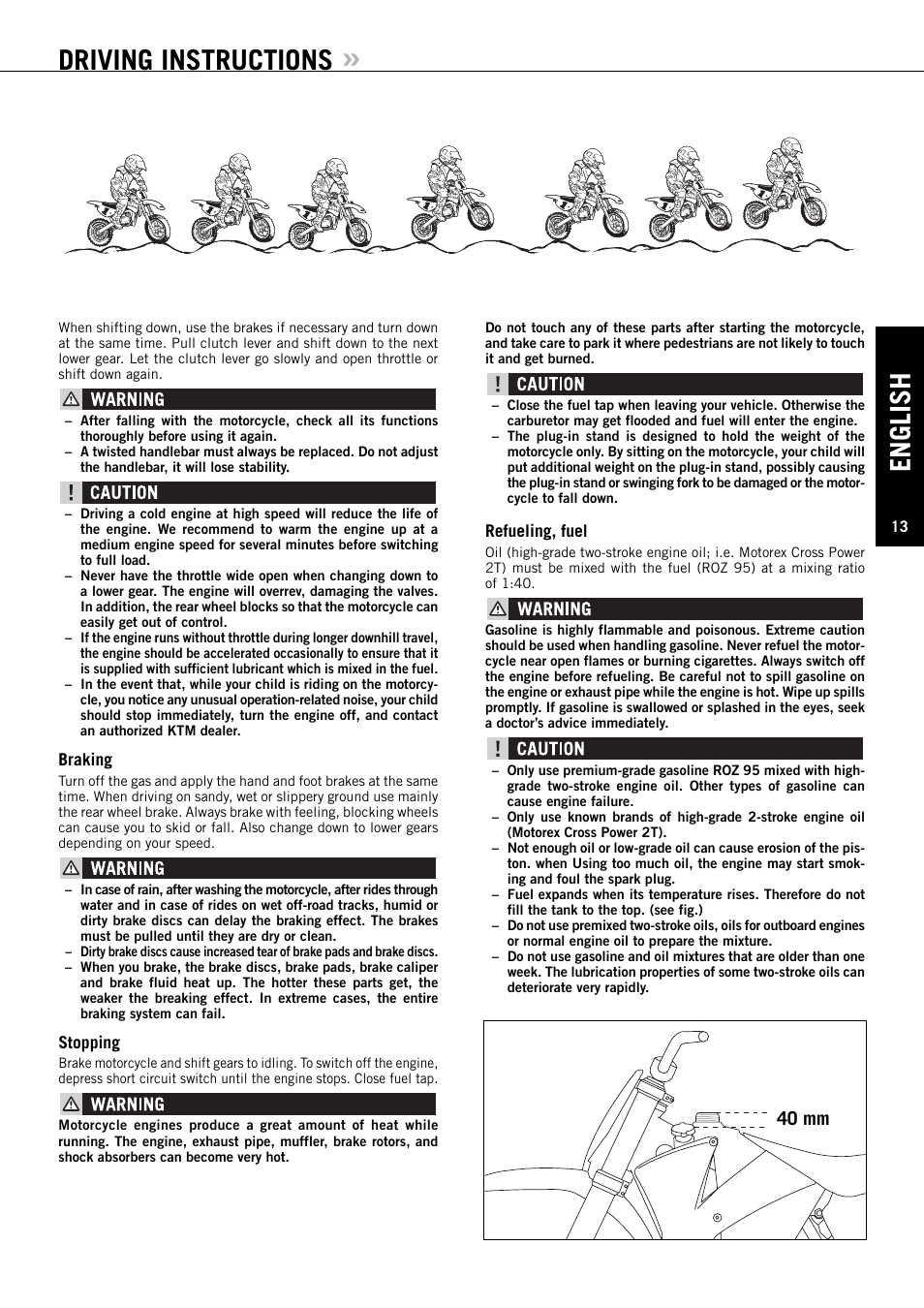 English, Driving instructions, 40 mm | KTM 85/105 SX User Manual | Page 14 / 42