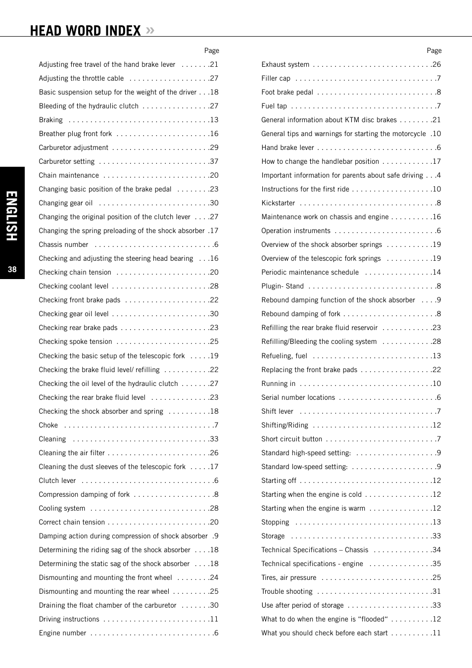 Head word index, English | KTM 85/105 SX User Manual | Page 39 / 42