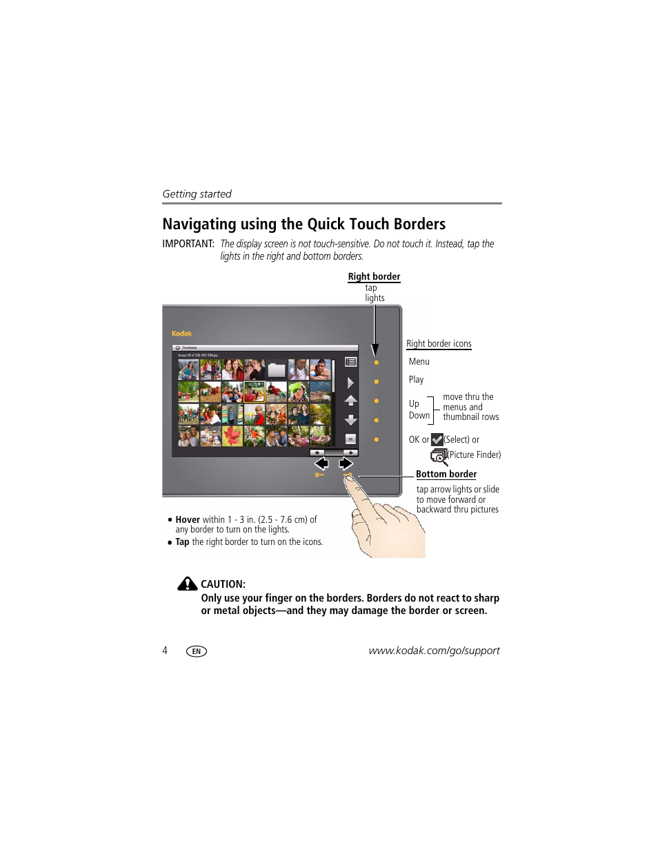 Navigating using the quick touch borders | Kodak S730 User Manual | Page 10 / 61