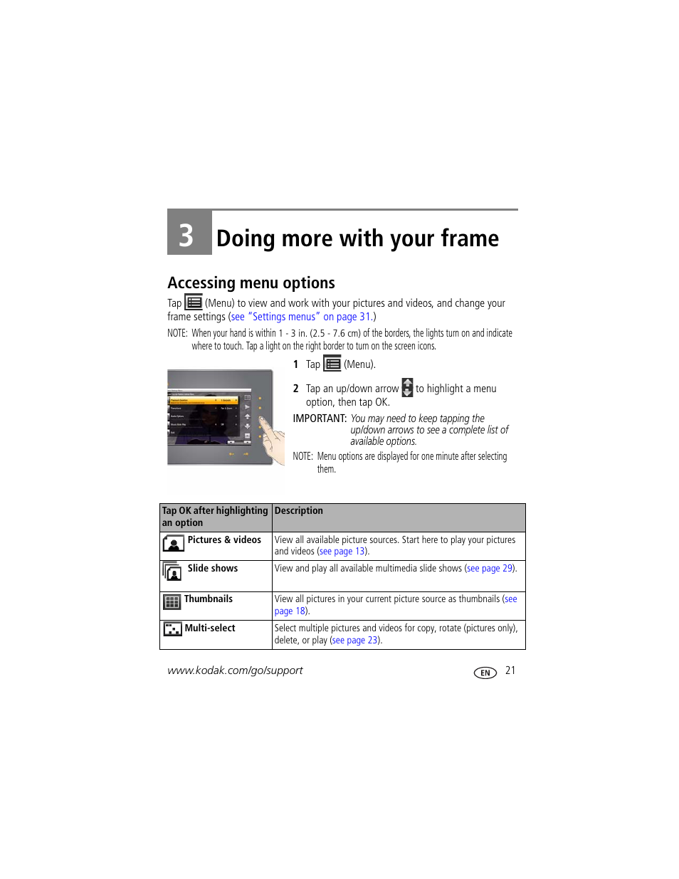 Doing more with your frame, Accessing menu options, 3 doing more with your frame | Kodak S730 User Manual | Page 27 / 61