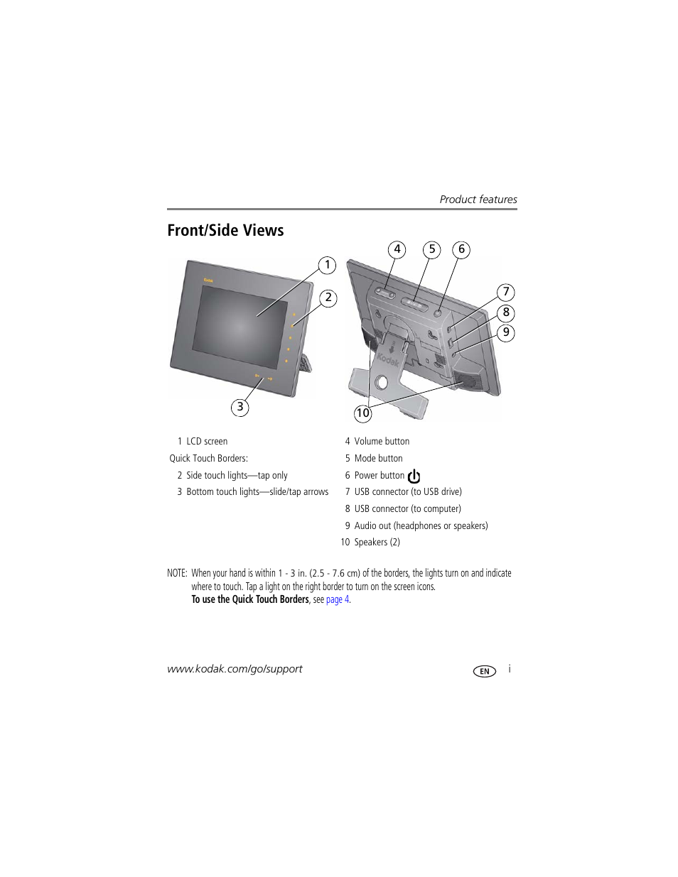 Product features, Front/side views | Kodak S730 User Manual | Page 3 / 61