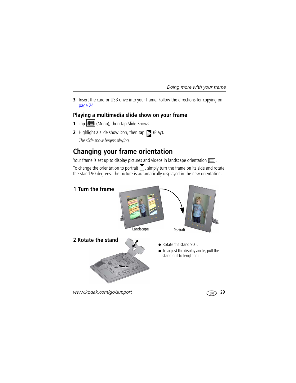 Playing a multimedia slide show on your frame, Changing your frame orientation | Kodak S730 User Manual | Page 35 / 61