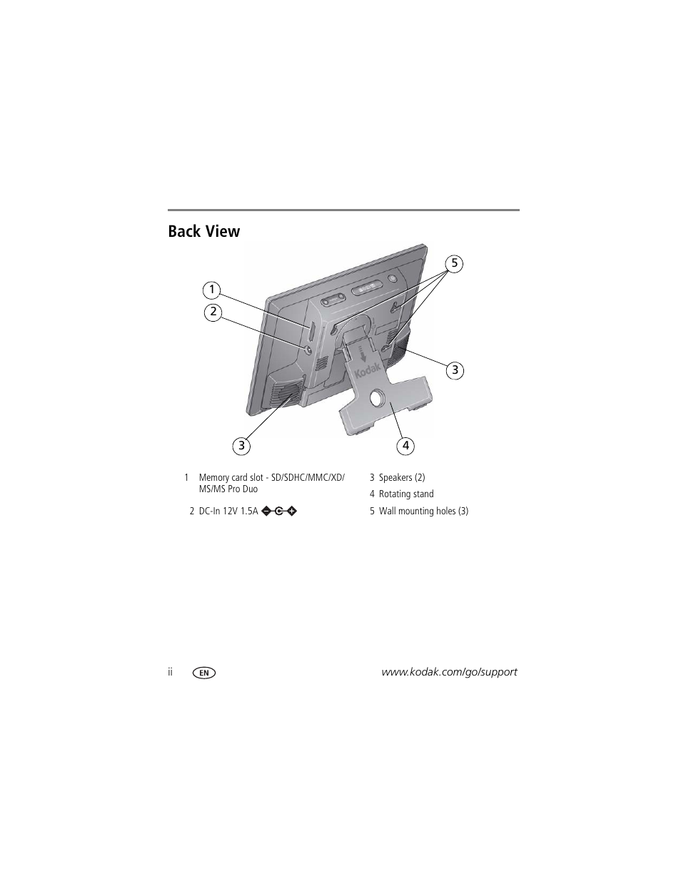 Back view | Kodak S730 User Manual | Page 4 / 61