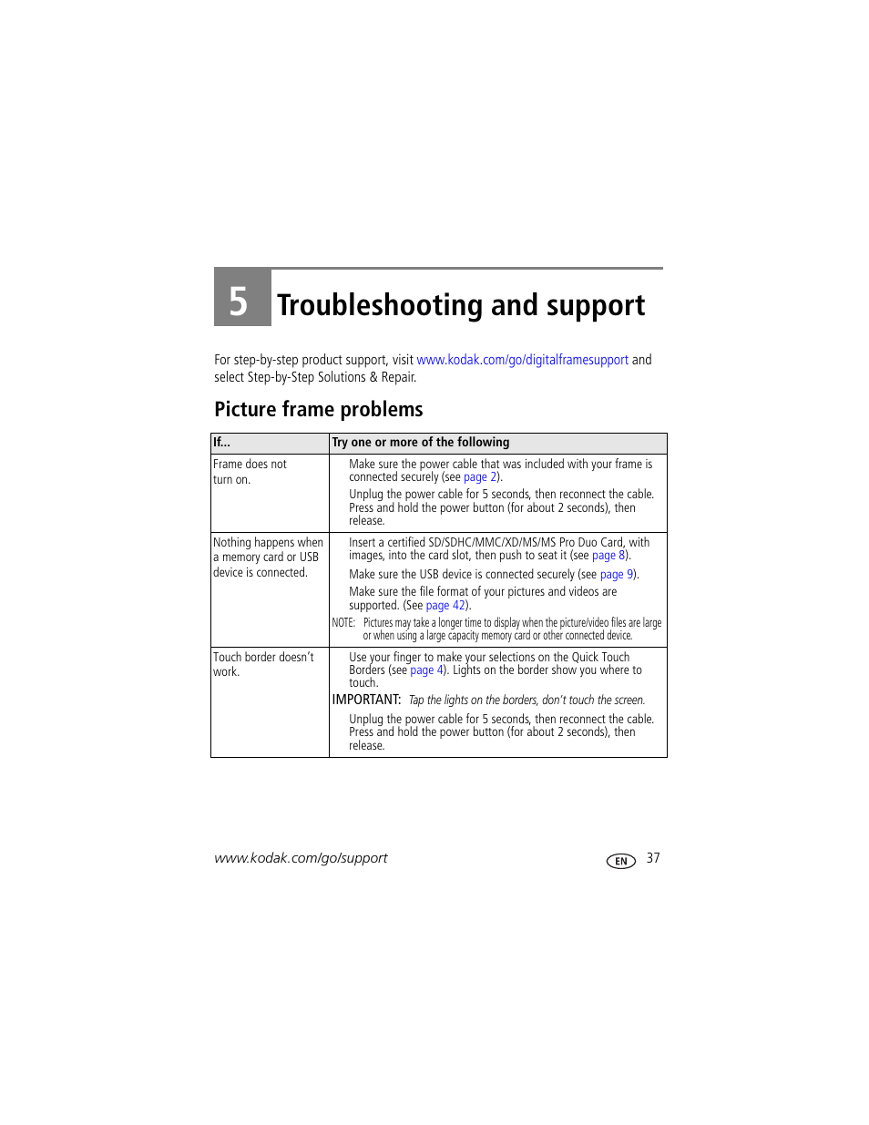 Troubleshooting and support, Picture frame problems, 5 troubleshooting and support | Kodak S730 User Manual | Page 43 / 61