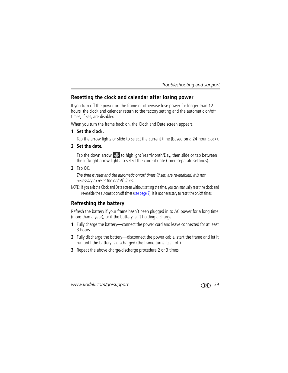 Refreshing the battery, The battery, Resetting the clock and | Kodak S730 User Manual | Page 45 / 61