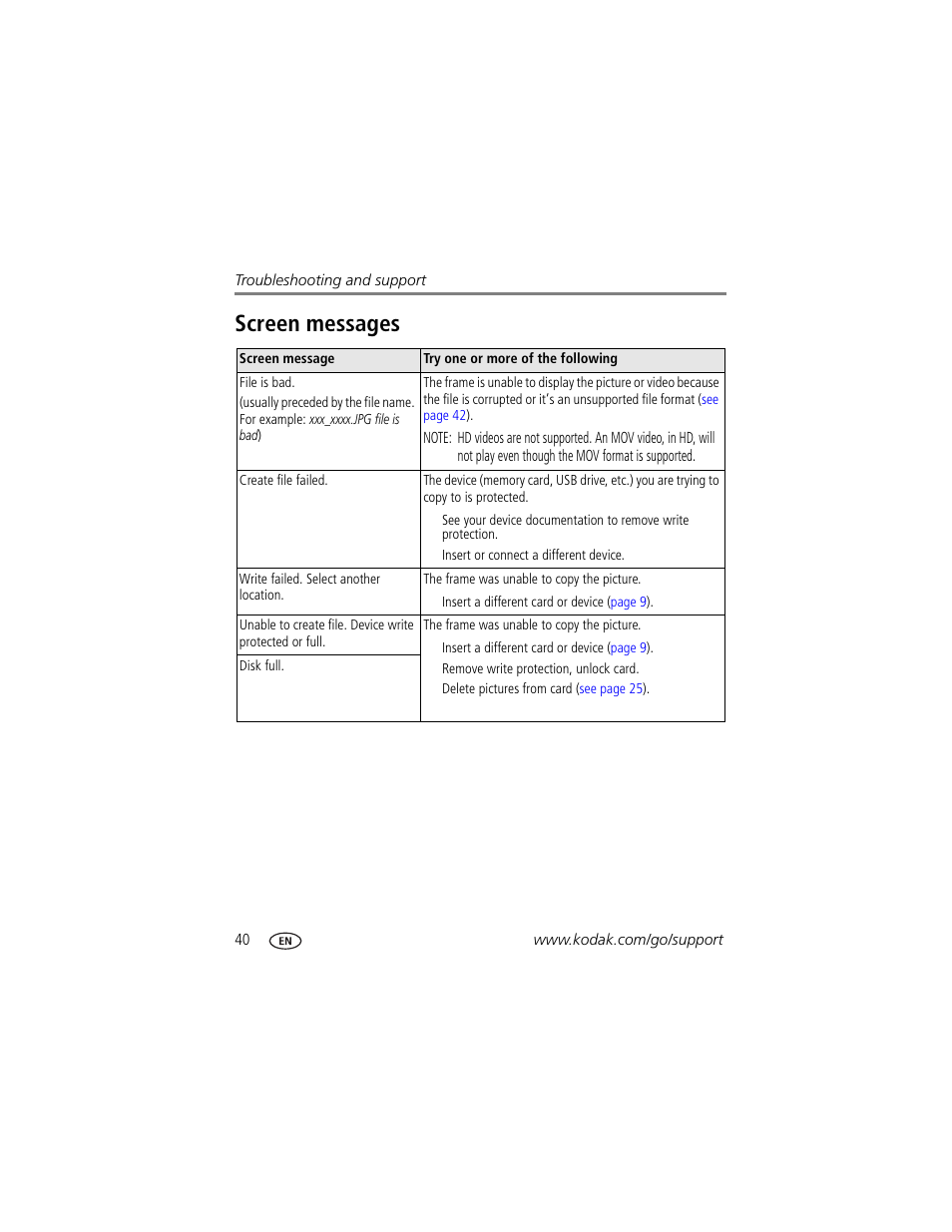 Screen messages | Kodak S730 User Manual | Page 46 / 61