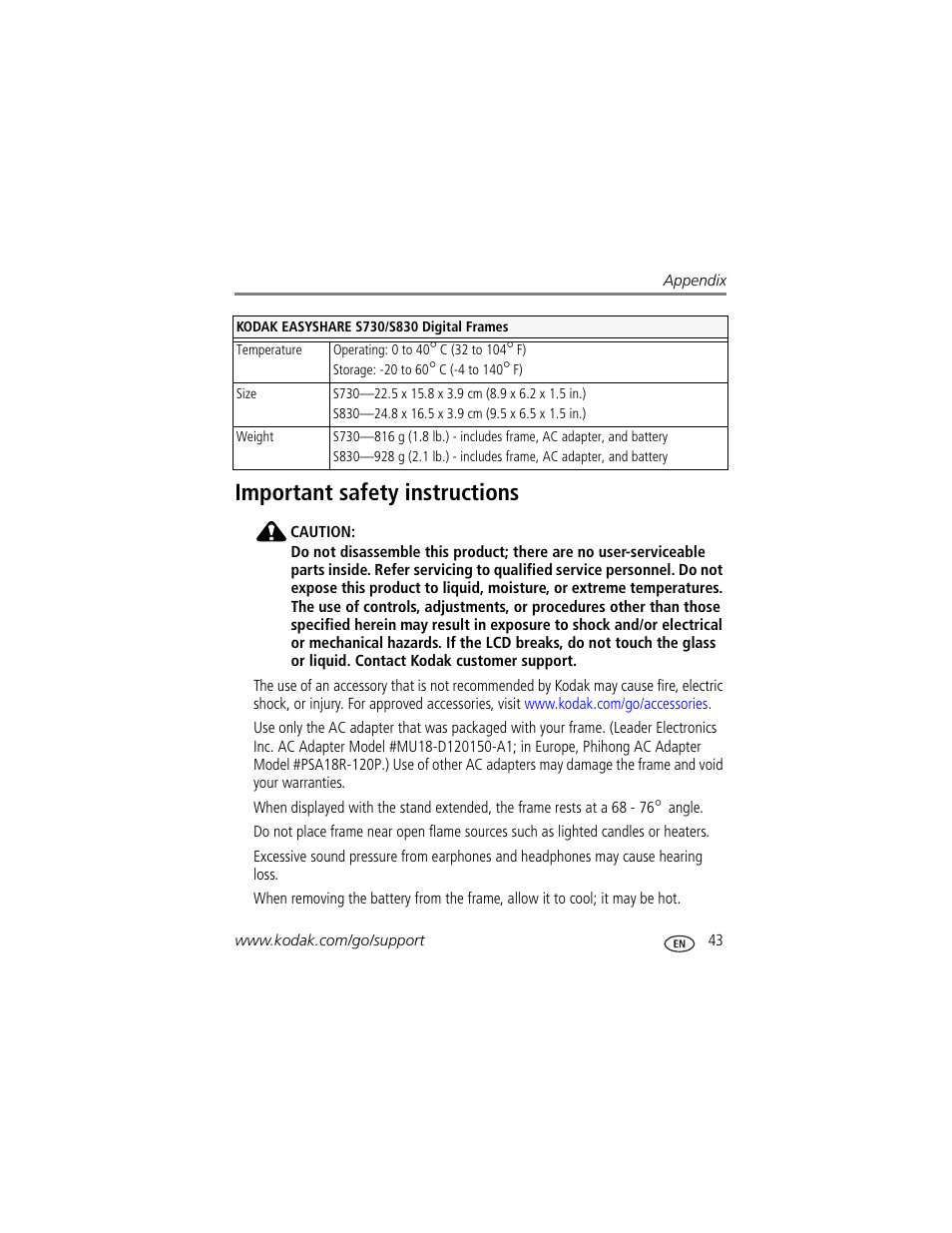 Important safety instructions | Kodak S730 User Manual | Page 49 / 61