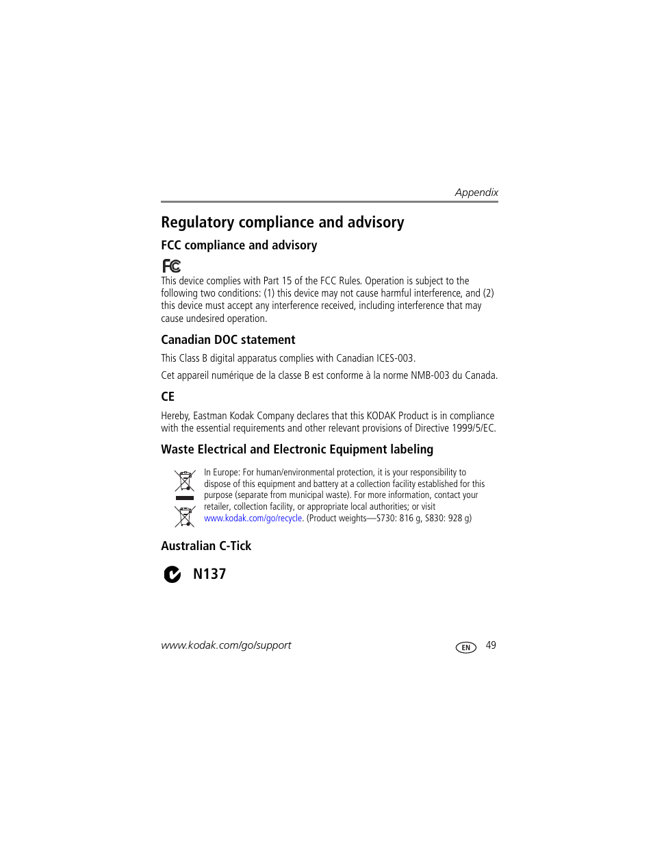 Regulatory compliance and advisory, Fcc compliance and advisory, Canadian doc statement | Waste electrical and electronic equipment labeling, Australian c-tick, N137 | Kodak S730 User Manual | Page 55 / 61