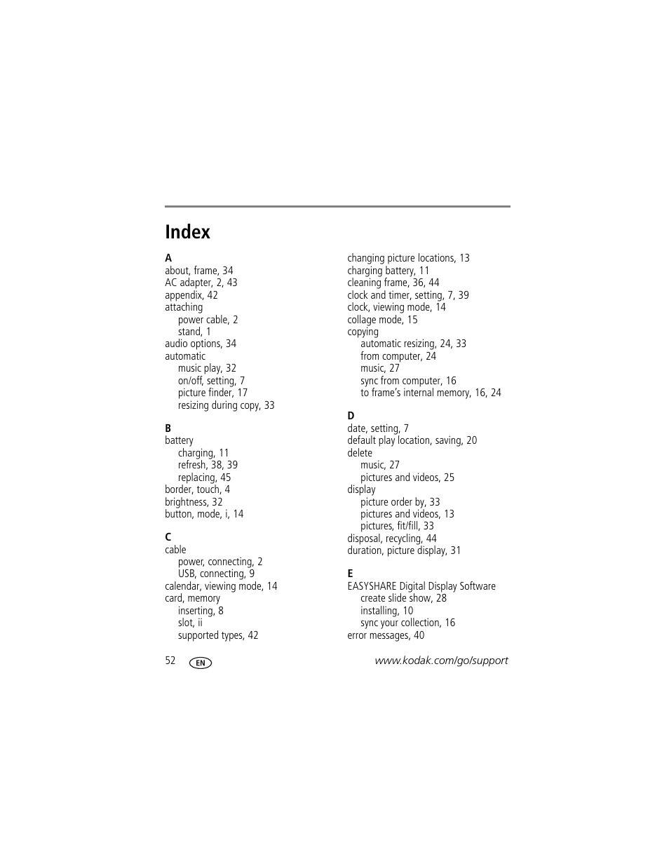 Index | Kodak S730 User Manual | Page 58 / 61