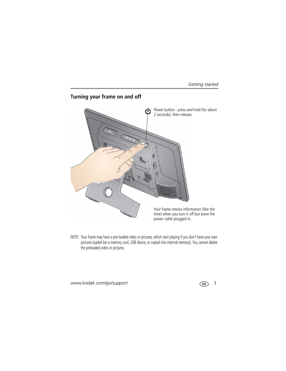 Turning your frame on and off | Kodak S730 User Manual | Page 9 / 61