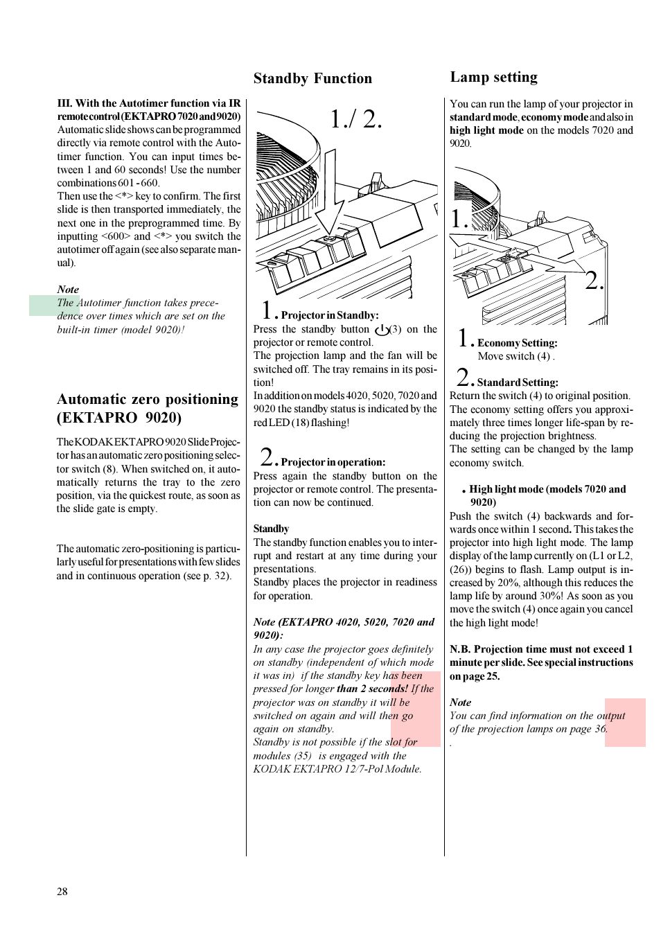 Lamp setting standby function, Automatic zero positioning (ektapro 9020) | Kodak 9020 User Manual | Page 11 / 26