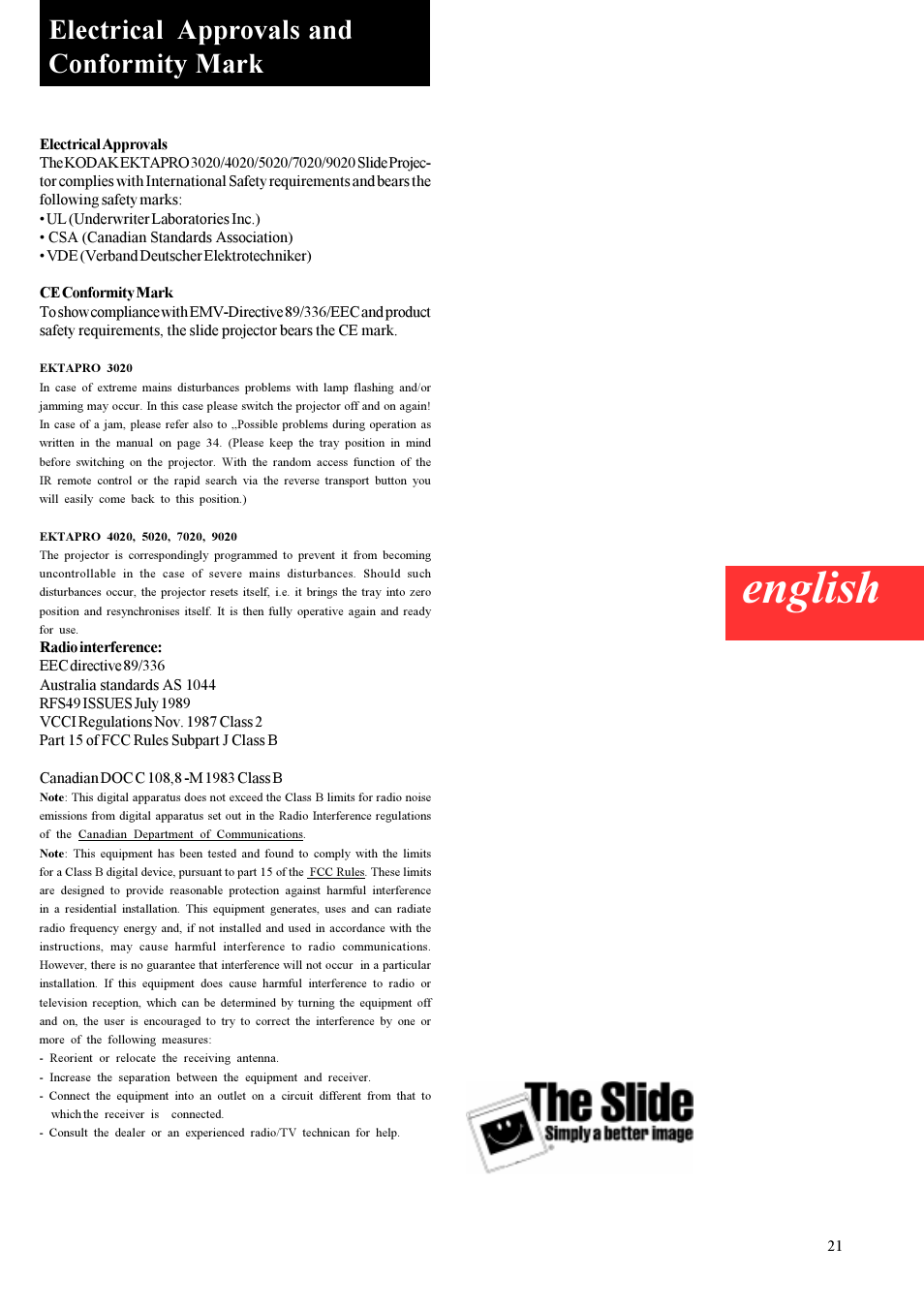 Electrical approvals and, English, Electrical approvals and conformity mark | Kodak 9020 User Manual | Page 4 / 26