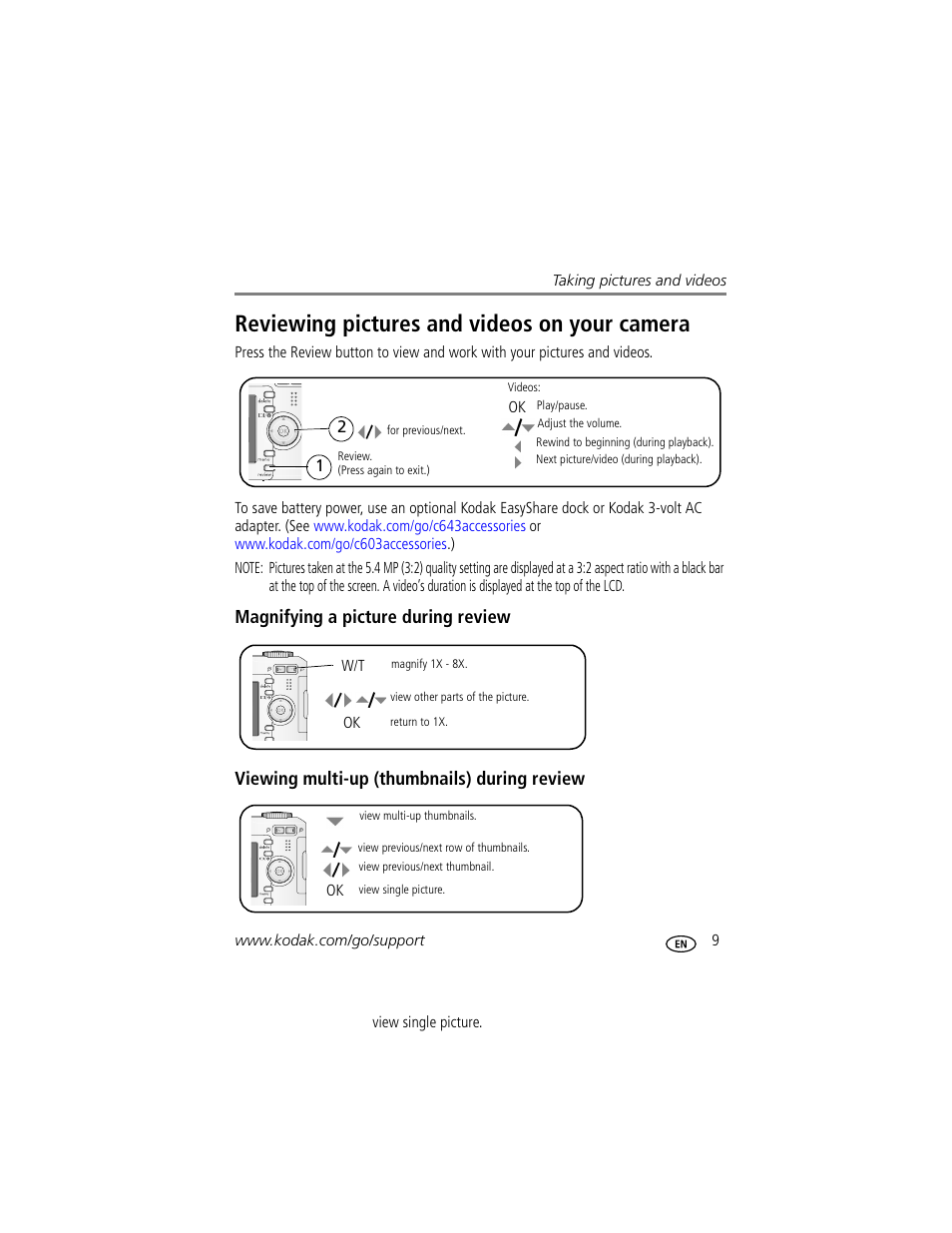 Reviewing pictures and videos on your camera, Magnifying a picture during review, Viewing multi-up (thumbnails) during review | Kodak EASYSHARE C603 User Manual | Page 15 / 72