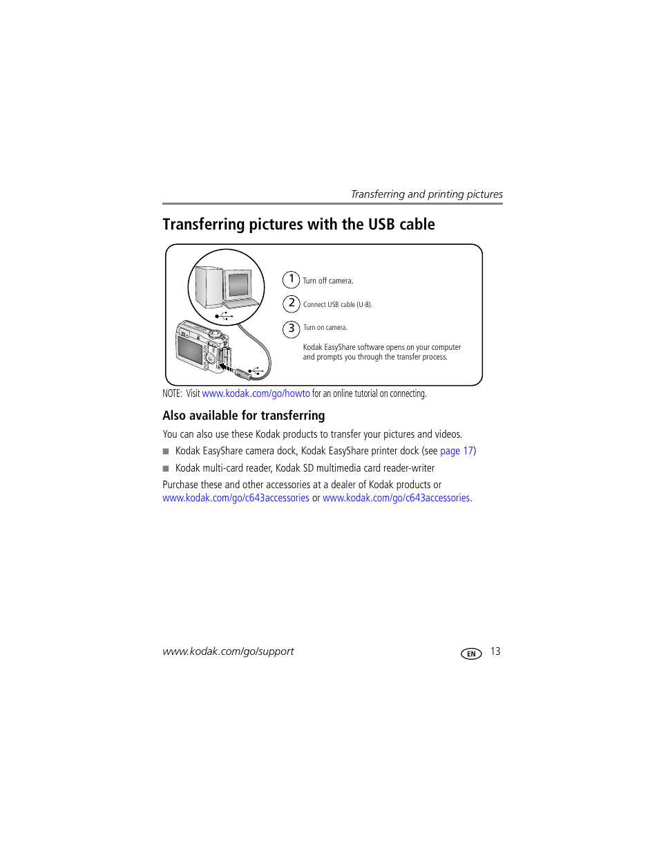 Transferring pictures with the usb cable, Also available for transferring | Kodak EASYSHARE C603 User Manual | Page 19 / 72