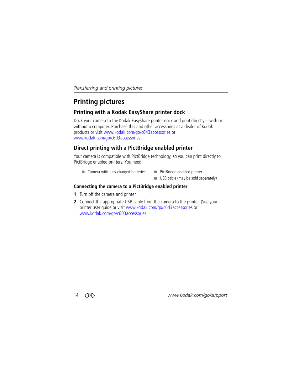 Printing pictures, Printing with a kodak easyshare printer dock, Direct printing with a pictbridge enabled printer | Kodak EASYSHARE C603 User Manual | Page 20 / 72