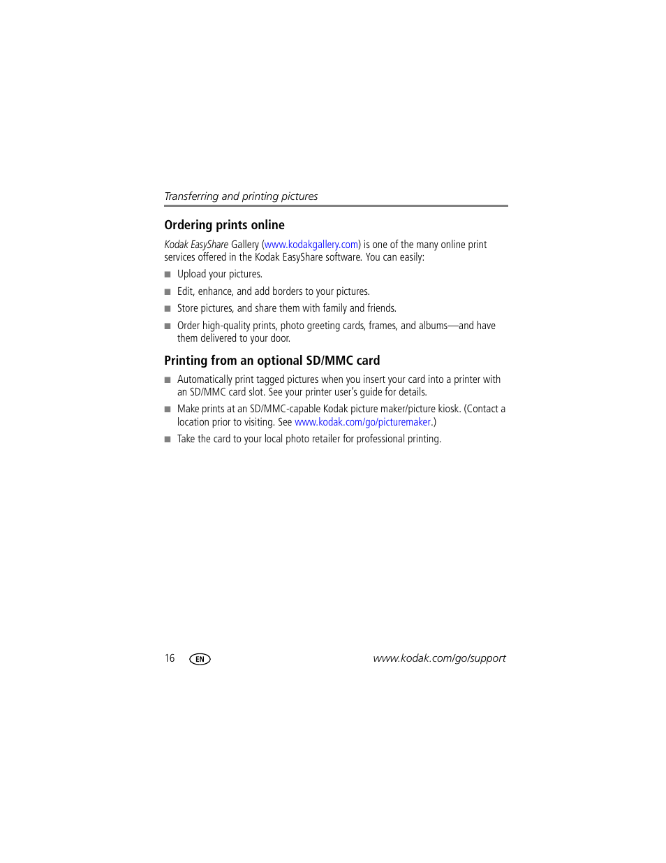 Ordering prints online, Printing from an optional sd/mmc card | Kodak EASYSHARE C603 User Manual | Page 22 / 72