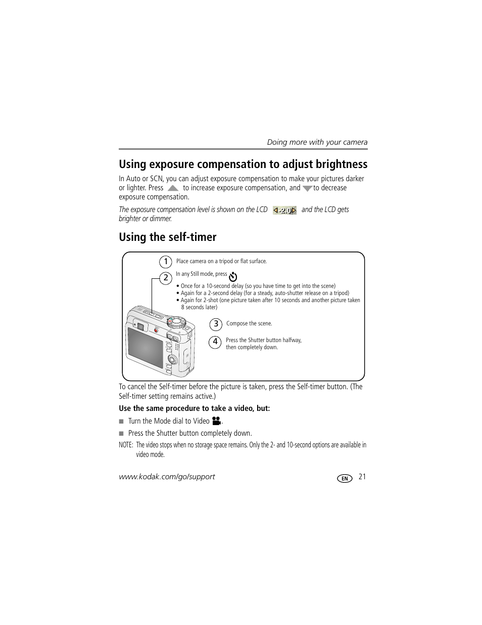 Using exposure compensation to adjust brightness, Using the self-timer | Kodak EASYSHARE C603 User Manual | Page 27 / 72