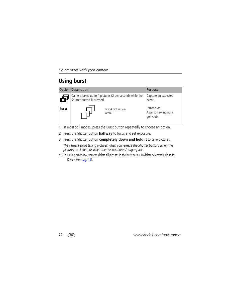 Using burst | Kodak EASYSHARE C603 User Manual | Page 28 / 72