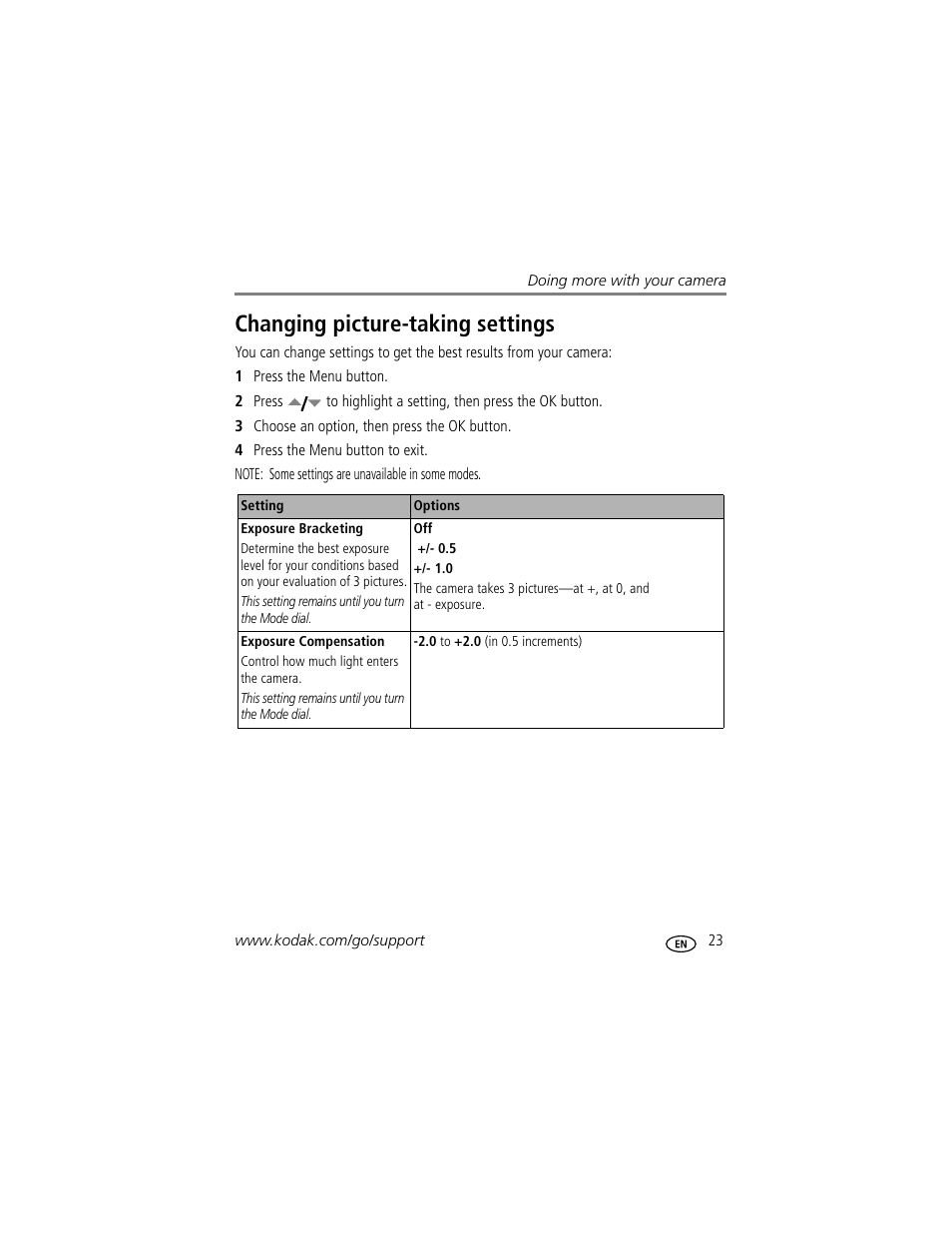 Changing picture-taking settings | Kodak EASYSHARE C603 User Manual | Page 29 / 72