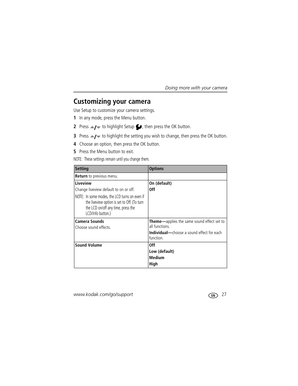 Customizing your camera | Kodak EASYSHARE C603 User Manual | Page 33 / 72