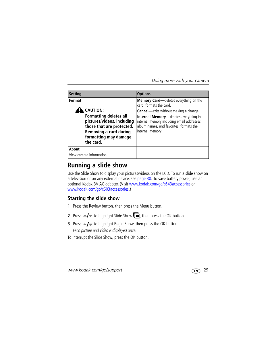 Running a slide show, Starting the slide show | Kodak EASYSHARE C603 User Manual | Page 35 / 72