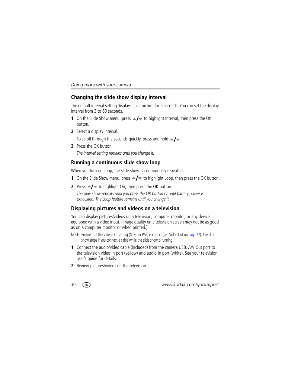 Changing the slide show display interval, Running a continuous slide show loop, Displaying pictures and videos on a television | Kodak EASYSHARE C603 User Manual | Page 36 / 72