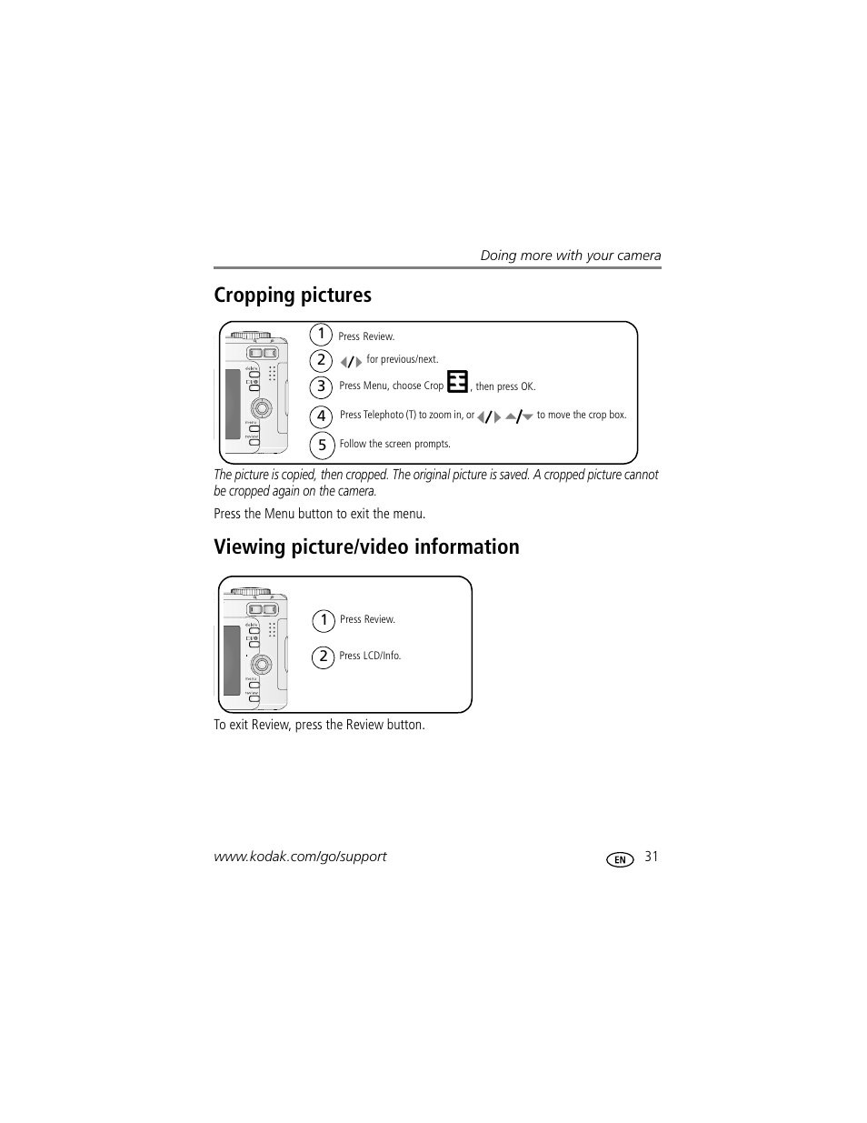 Cropping pictures, Viewing picture/video information | Kodak EASYSHARE C603 User Manual | Page 37 / 72