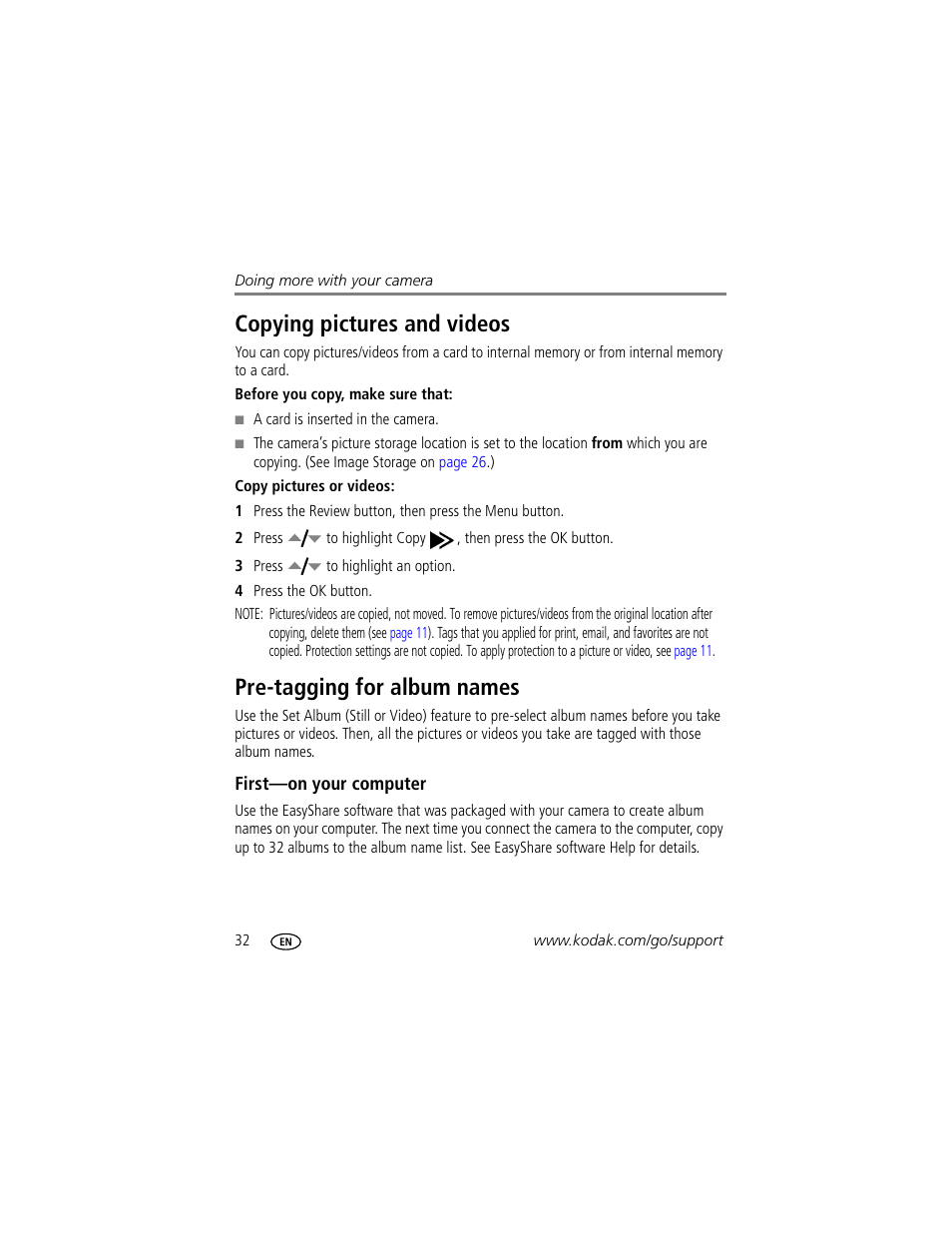 Copying pictures and videos, Pre-tagging for album names, First-on your computer | Kodak EASYSHARE C603 User Manual | Page 38 / 72