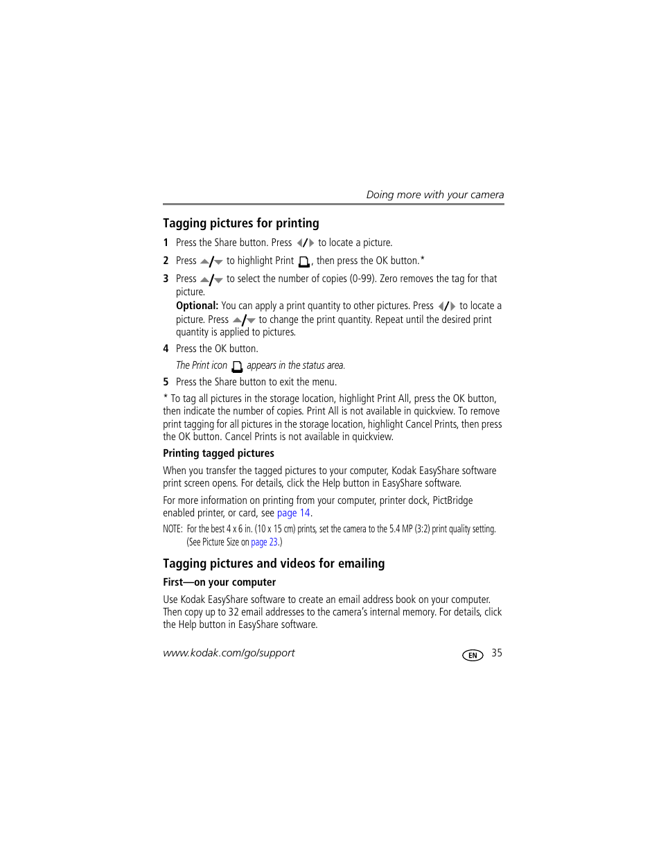 Tagging pictures for printing, Printing tagged pictures, Tagging pictures and videos for emailing | First-on your computer | Kodak EASYSHARE C603 User Manual | Page 41 / 72