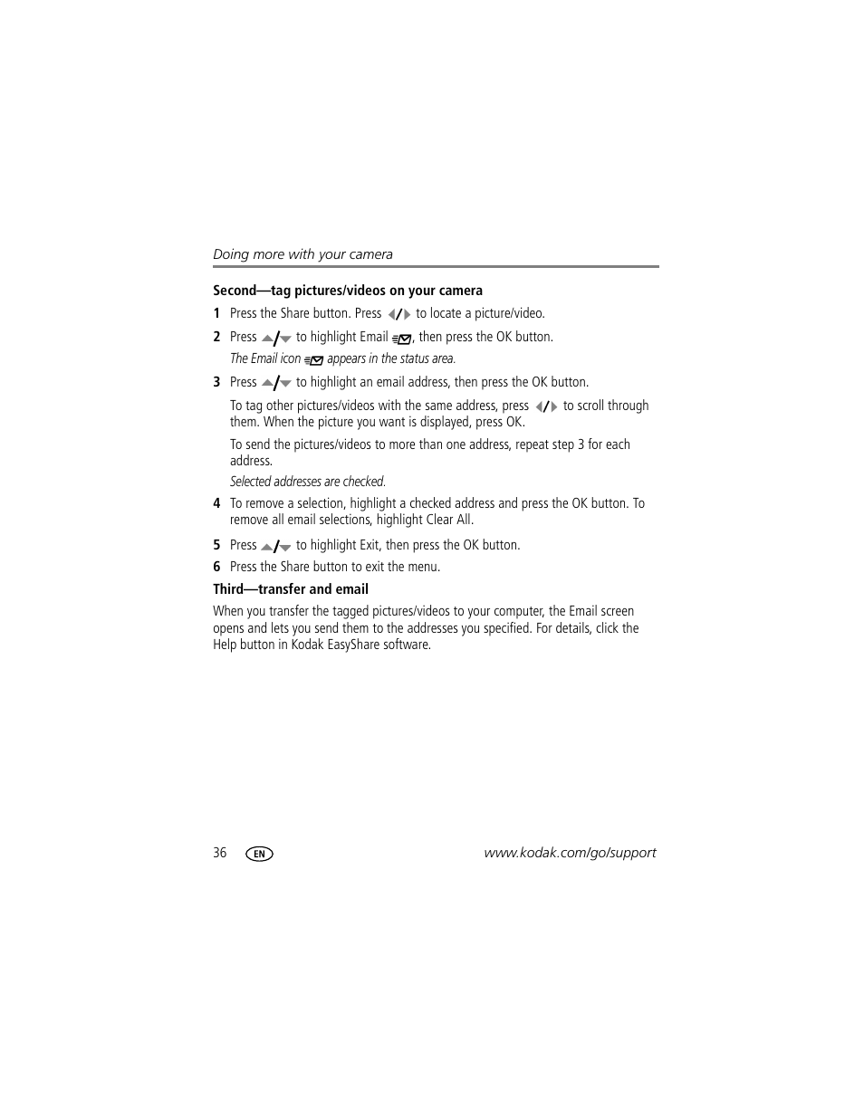 Second-tag pictures/videos on your camera, Third-transfer and email | Kodak EASYSHARE C603 User Manual | Page 42 / 72