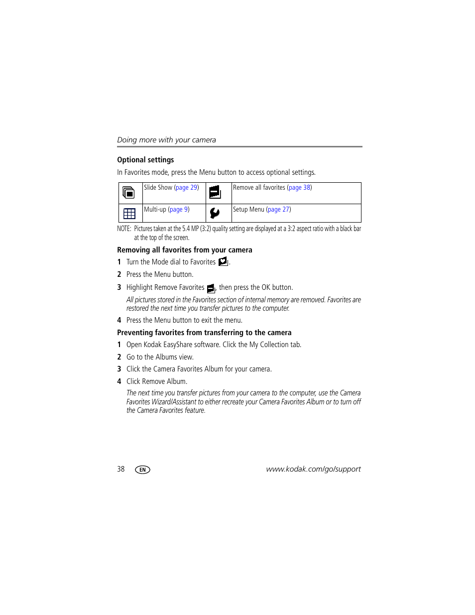 Optional settings, Removing all favorites from your camera | Kodak EASYSHARE C603 User Manual | Page 44 / 72