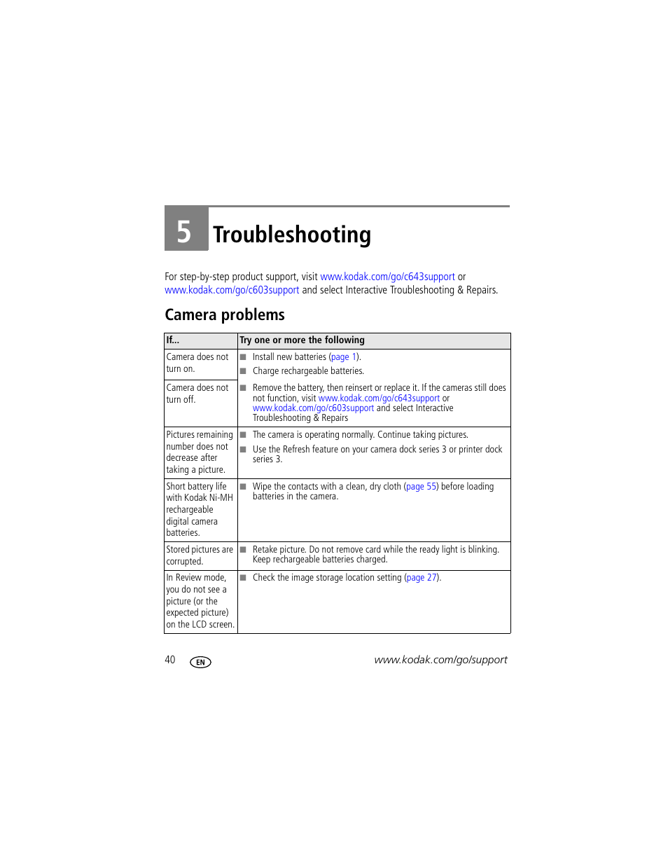 Troubleshooting, Camera problems, 5 troubleshooting | Kodak EASYSHARE C603 User Manual | Page 46 / 72