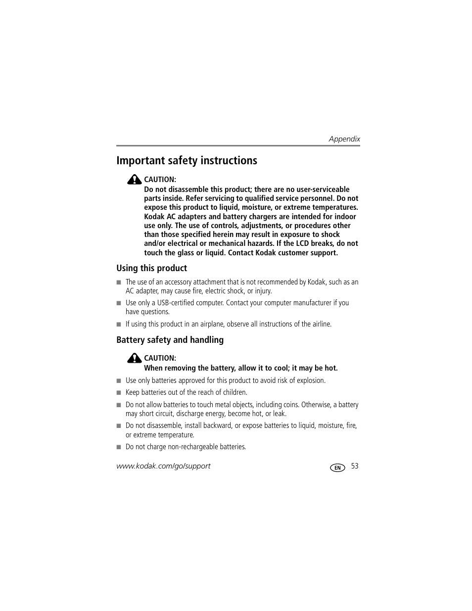 Important safety instructions, Using this product, Battery safety and handling | Kodak EASYSHARE C603 User Manual | Page 59 / 72