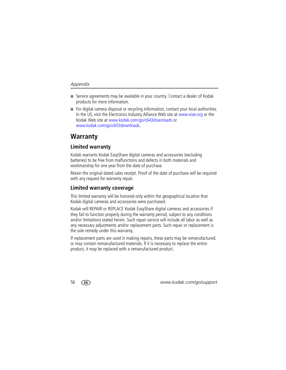 Warranty, Limited warranty, Limited warranty coverage | Kodak EASYSHARE C603 User Manual | Page 62 / 72