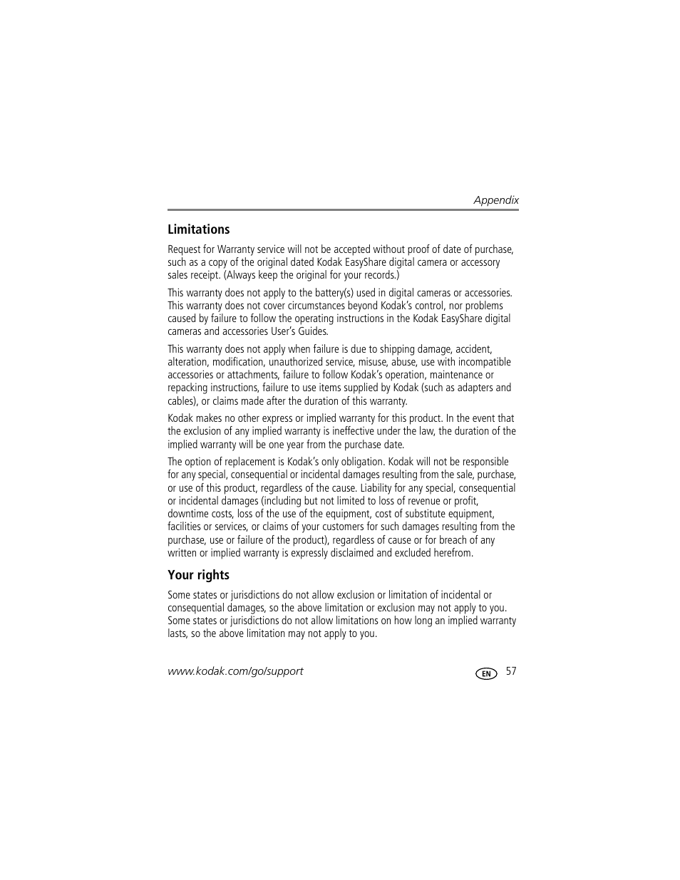 Limitations, Your rights | Kodak EASYSHARE C603 User Manual | Page 63 / 72