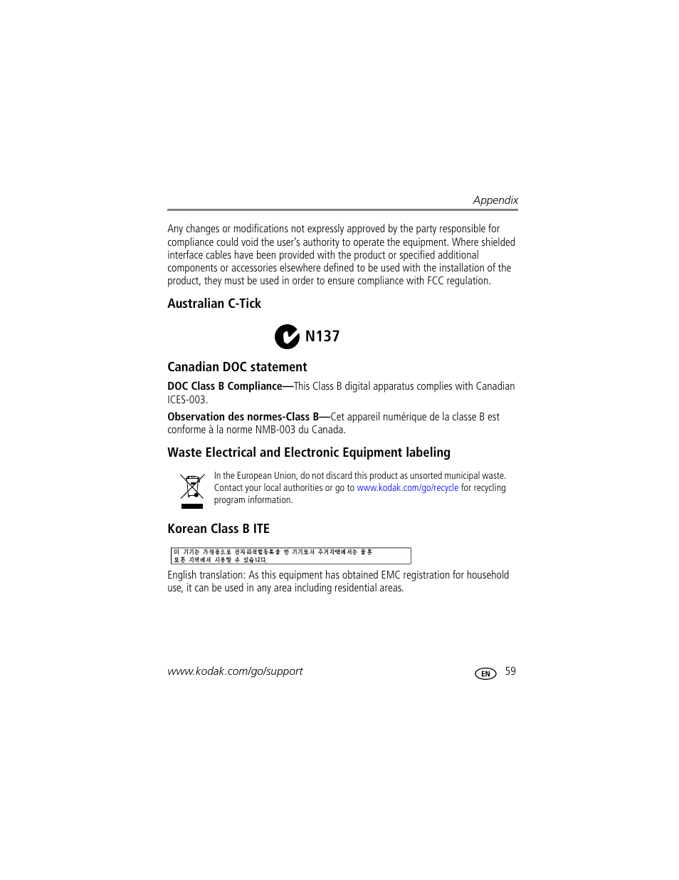 Australian c-tick, Canadian doc statement, Waste electrical and electronic equipment labeling | Korean class b ite, N137 | Kodak EASYSHARE C603 User Manual | Page 65 / 72