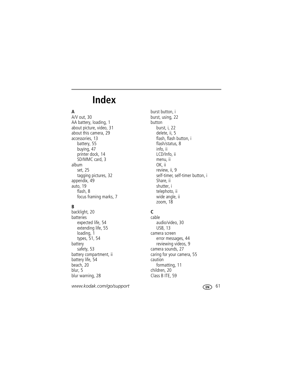 Index | Kodak EASYSHARE C603 User Manual | Page 67 / 72