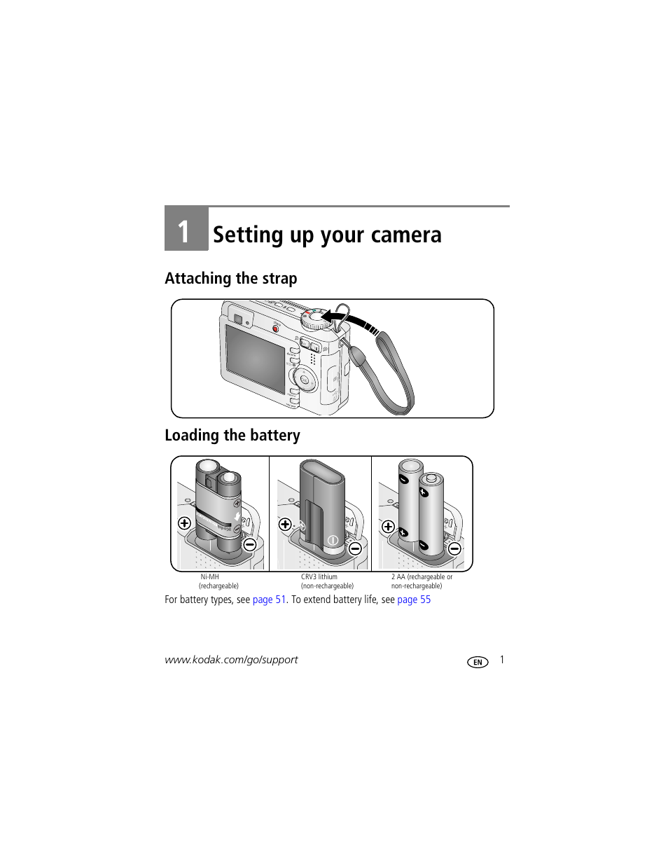 Setting up your camera, Attaching the strap, Loading the battery | 1 setting up your camera, Attaching the strap loading the battery | Kodak EASYSHARE C603 User Manual | Page 7 / 72