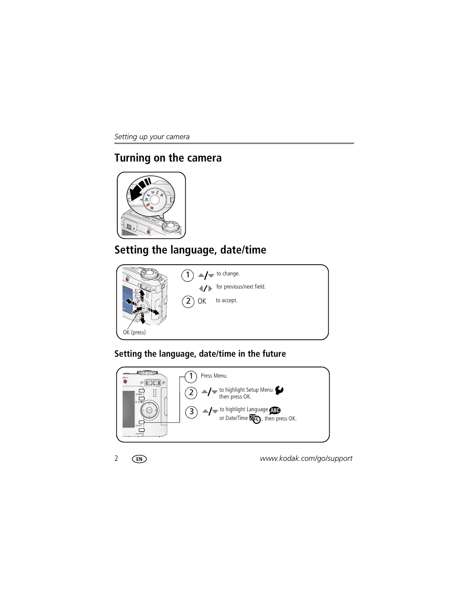 Turning on the camera, Setting the language, date/time, Setting the language, date/time in the future | Kodak EASYSHARE C603 User Manual | Page 8 / 72