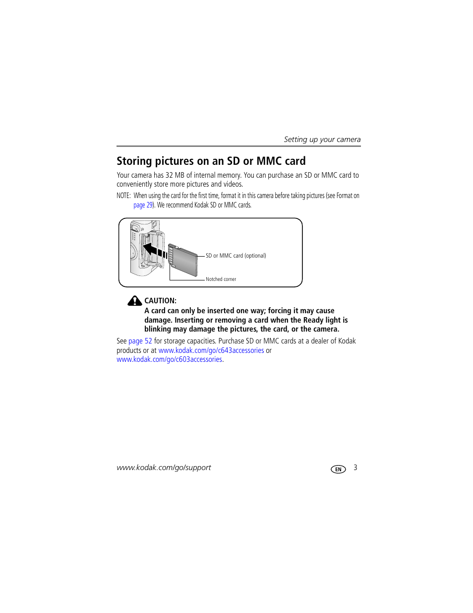 Storing pictures on an sd or mmc card | Kodak EASYSHARE C603 User Manual | Page 9 / 72
