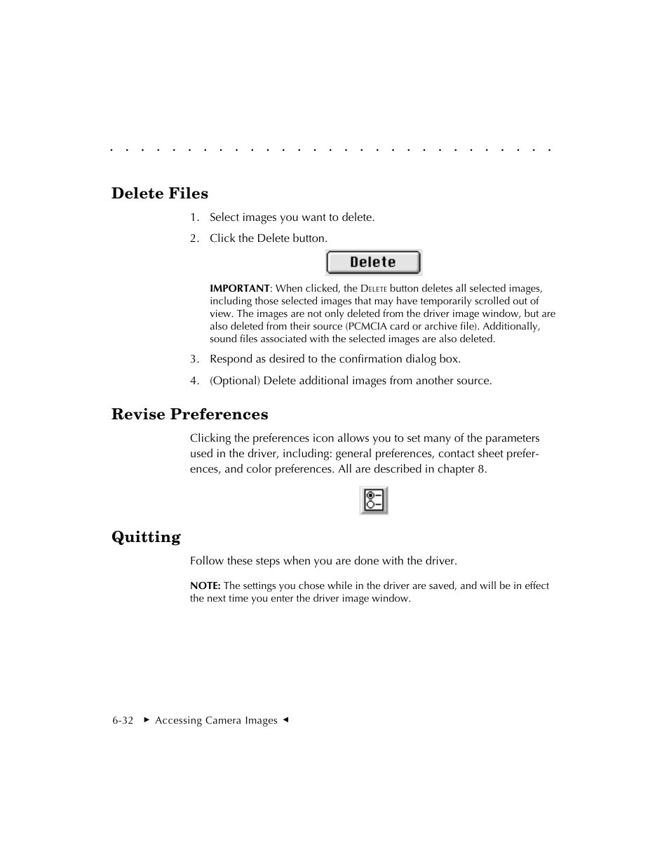 Delete files, Revise preferences, Quitting | Kodak DCS 410 User Manual | Page 140 / 322