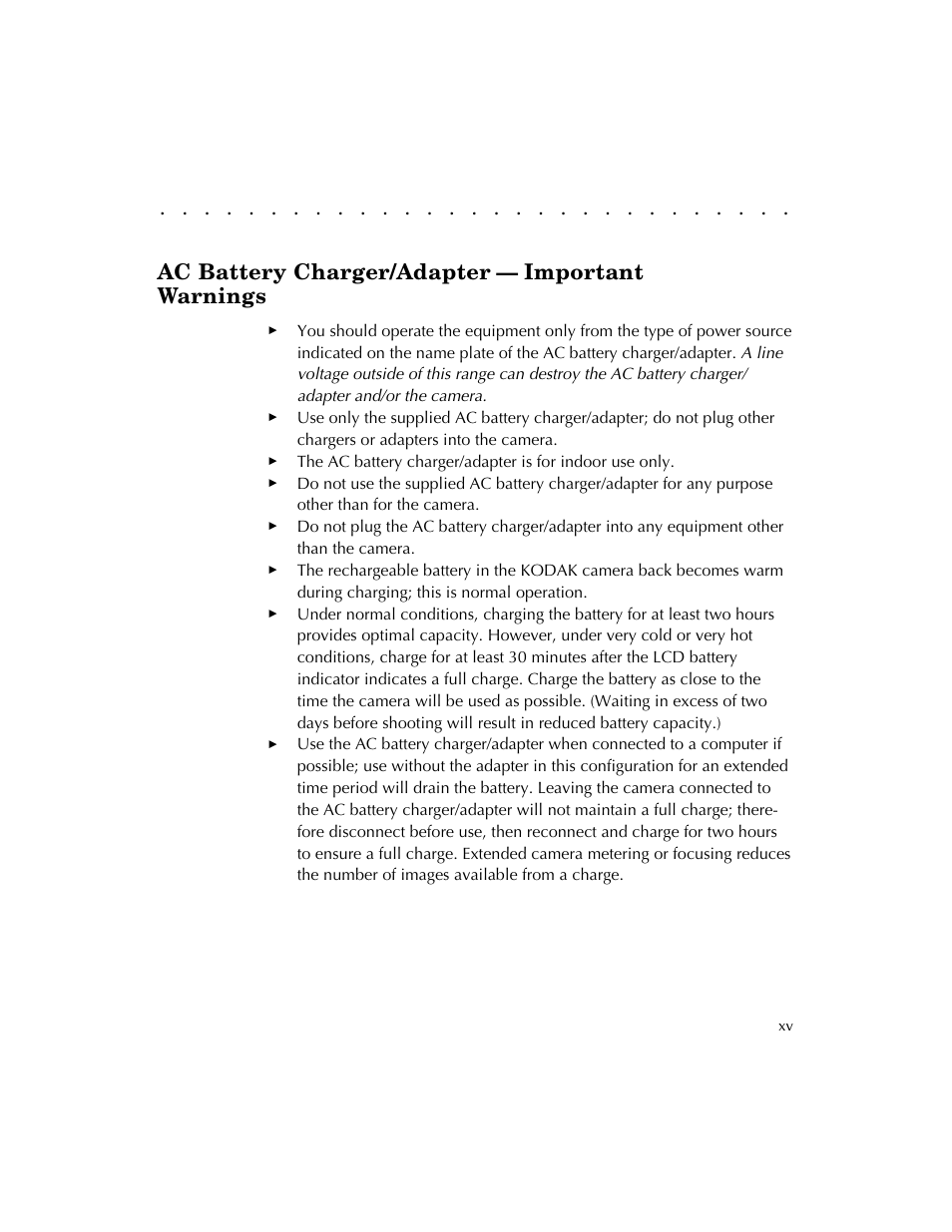 Ac battery charger/adapter — important warnings | Kodak DCS 410 User Manual | Page 15 / 322