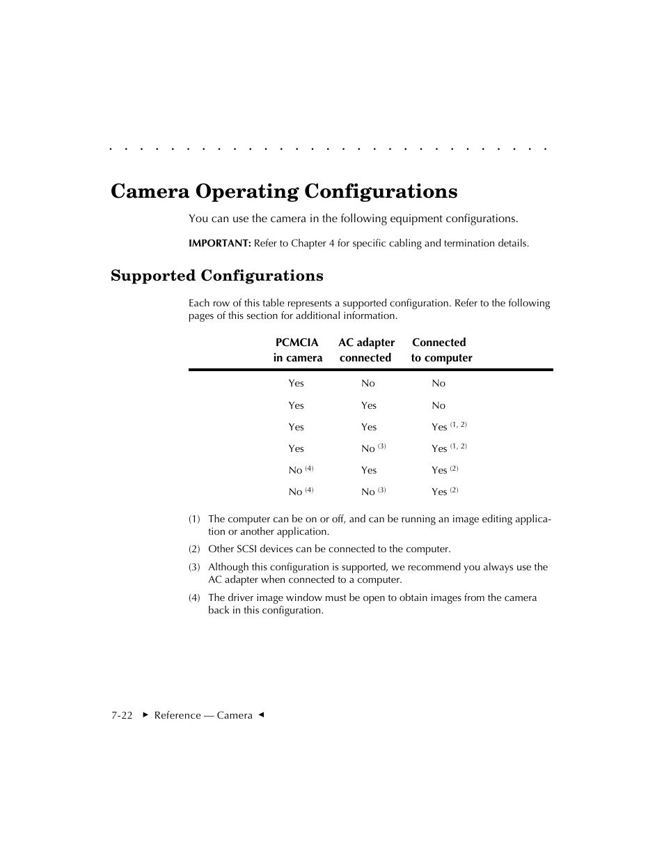 Camera operating configurations, Supported configurations | Kodak DCS 410 User Manual | Page 164 / 322